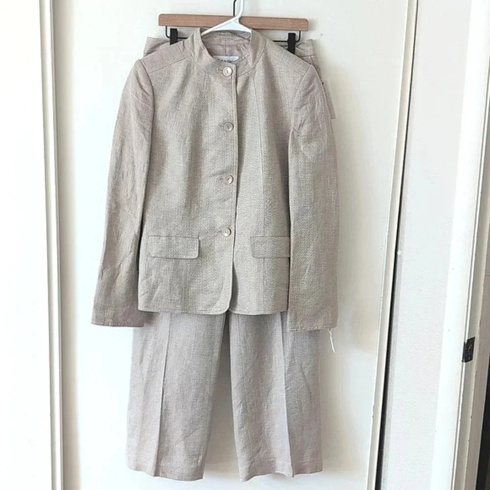 Calvin Klein Linen Blend Long Sleeve Pantsuit Women's Khaki White Size 10 NWT